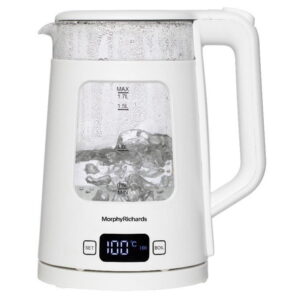 קומקום Morphy Richards 43988 לבן עם גוף שקוף ותצוגת טמפרטורה בבסיס