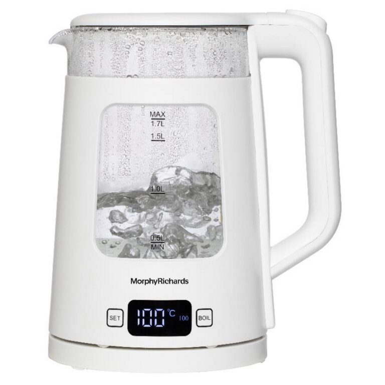 קומקום Morphy Richards 43988 לבן עם גוף שקוף ותצוגת טמפרטורה בבסיס