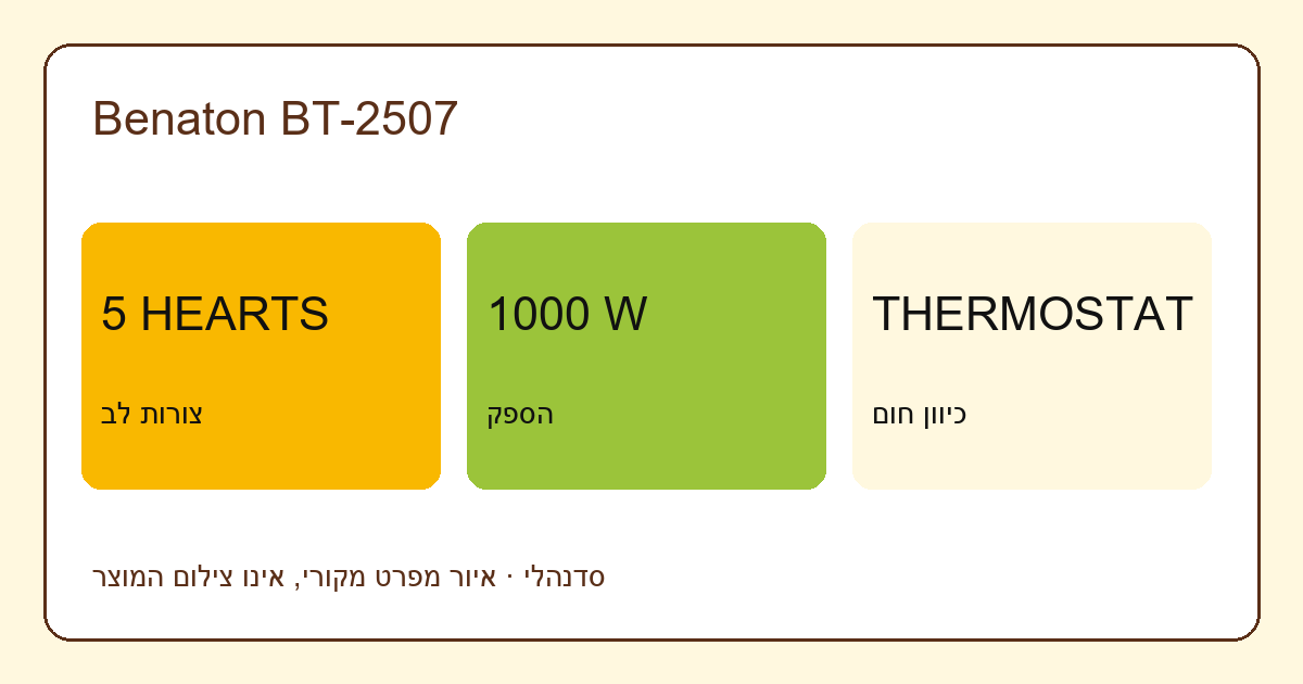 תרשים מפרט מקורי של Benaton BT-2507: 5 לבבות צורות בסבב, 1000 ואט הספק מוצהר, תרמוסטט כיוון חום