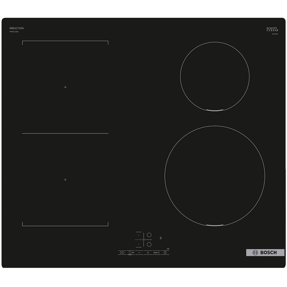 כיריים אינדוקציה Bosch PWP611BB5E שחורות, ארבעה אזורי בישול ו־CombiZone בצד שמאל