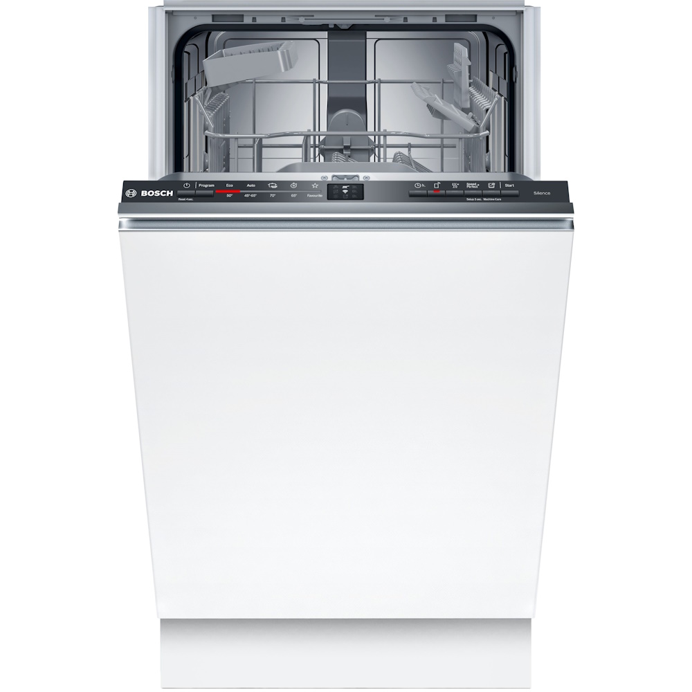 מדיח כלים צר אינטגרלי Bosch SPV2HKX02E עם דלת פתוחה ולוח פיקוד בחלק העליון
